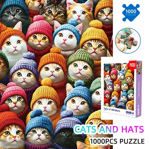 Large puzzle, cat lover gift 1000-Piece Jigsaw Puzzle:Collection of Adorable Cats in Hats Large 70x50 cm (27.5x19.7 inches)