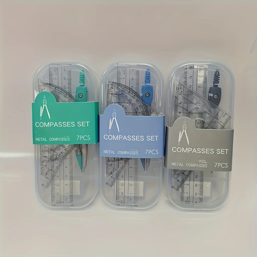 1 Set of 7 Durable Metal Compass Set - Exam Grade Compass with Colored Pencils, Ruler, Protractor and Pencil Sharpener