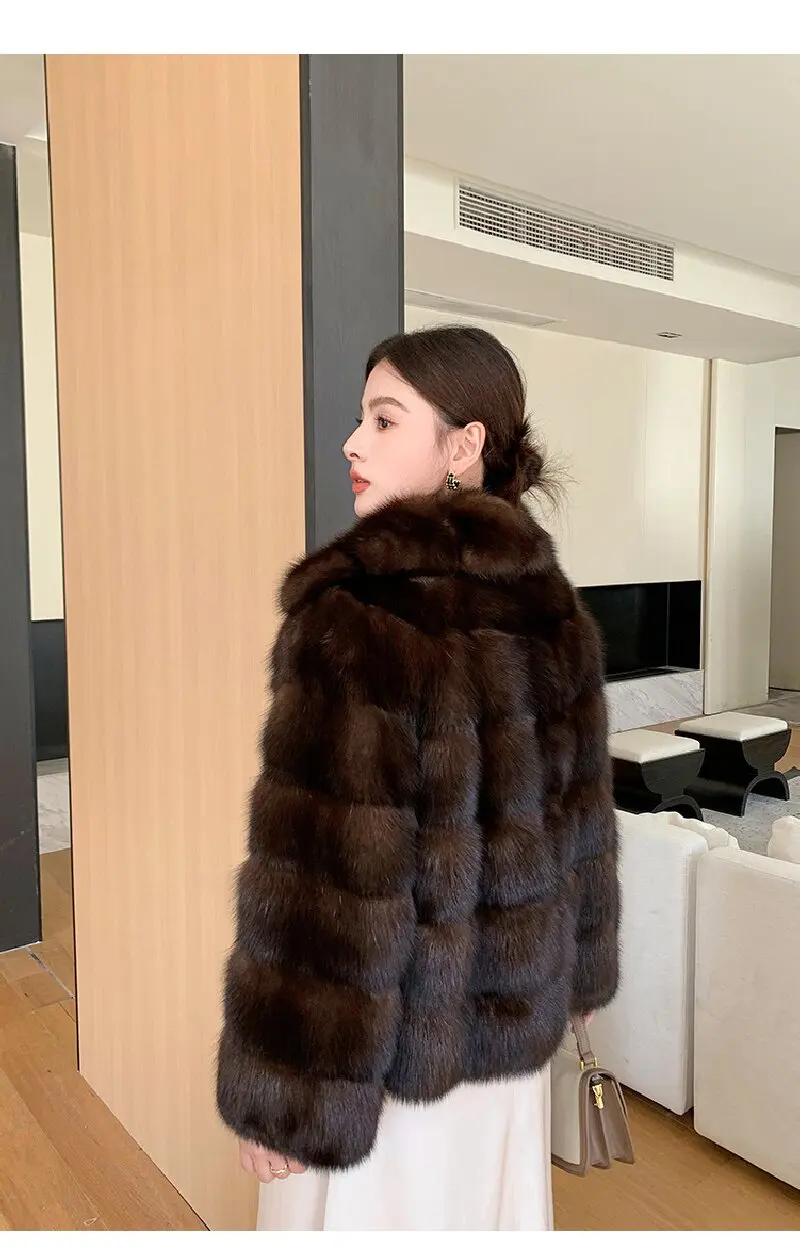 Mantel Pendek Bulu Mink Cokelat Tua Wanita Model Terbaru Musim Dingin 2025, Mantel Fashion Mewah Elegan Kelas Atas, Bulu Ramah Lingkungan, Item Wajib Dimiliki