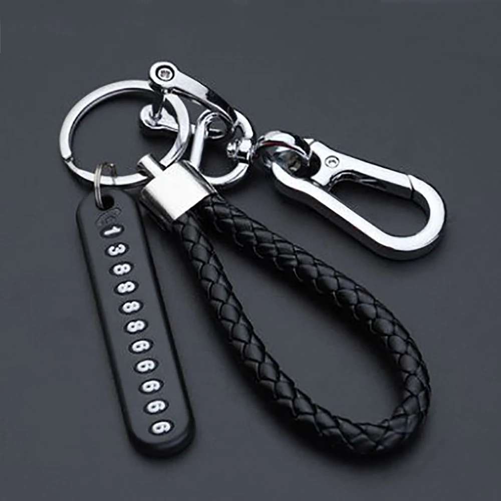 Anti-lost Car Keychain Phone Number Card Keyring Leather Bradied Rope Auto Vehicle Key Chain Holder Accessories Gift for Husband