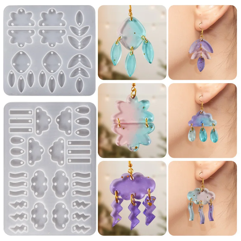 Moule en silicone Nuage Goutte de Pluie avec Pompon pour la fabrication de boucles d'oreilles, pendentifs, bijoux, feuilles de nuage et objets suspendus en résine époxy