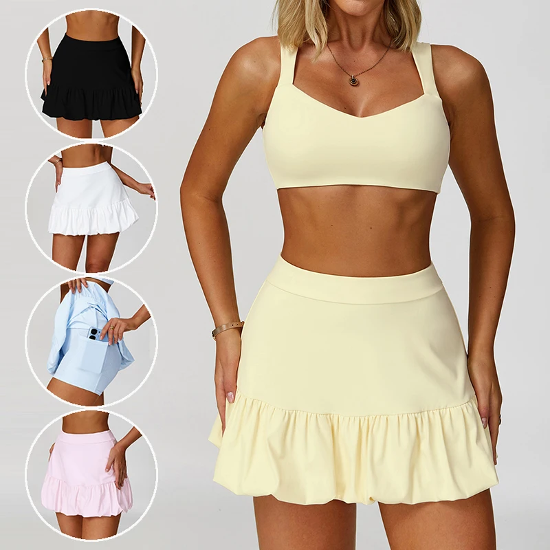 New Women High Waist Tennis Mini Skirt Pleated Ruffle Vintage Tennis Yoga Skirt Ladies A-Lined Tutu Skorts with Inner Short