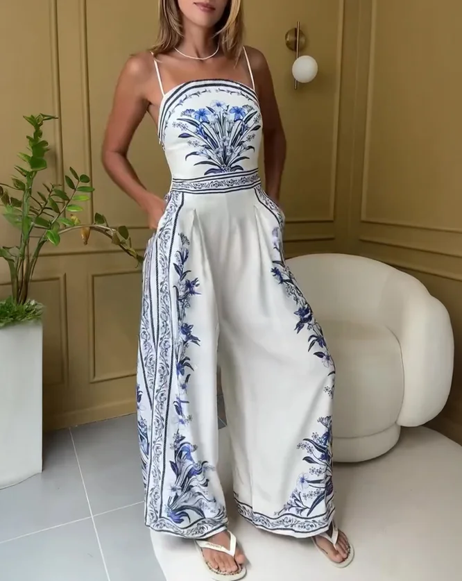 จั๊มสูทผู้หญิงพิมพ์ลายดอกไม้ Shirred เอว Jumpsuit ลําลองขากว้างเปลือย Romper ง่ายเดินทาง Elegant Jumpsuit