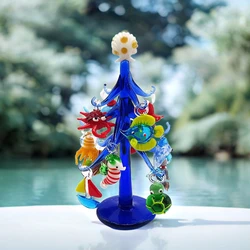 Handmade Dark Blue Murano Glass Christmas Tree Shape Ornament Home Aquarium Decoration with 12pcs Marine Animal Figurine Pendant