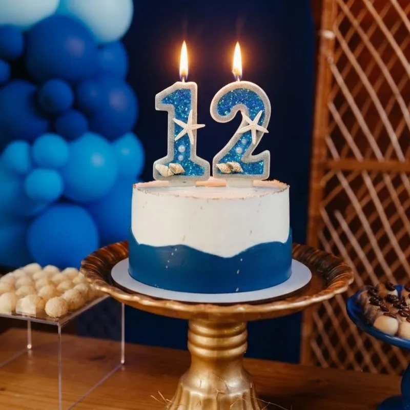 Premium Ocea Themed Number 1 Birthday Candle Blue Glitter Starfish Seashells 1st Birthday Candle