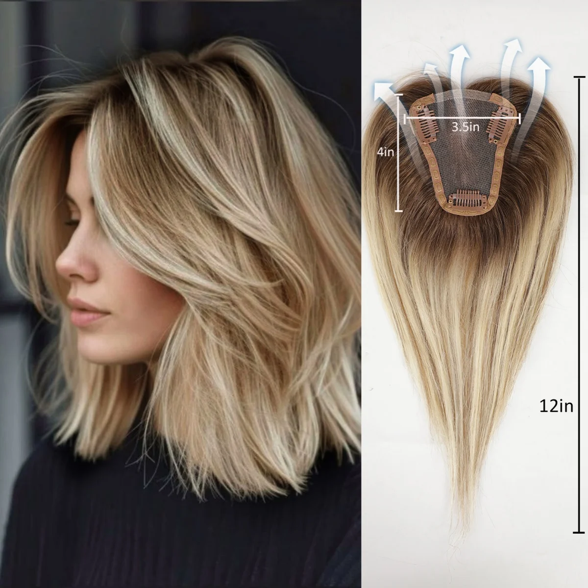 12-inch-golden-brown-ombre-100-remy-human-hair-toppers-lace-base-clip-in-hairpiece-for-women-straight-hair-extensions-topper