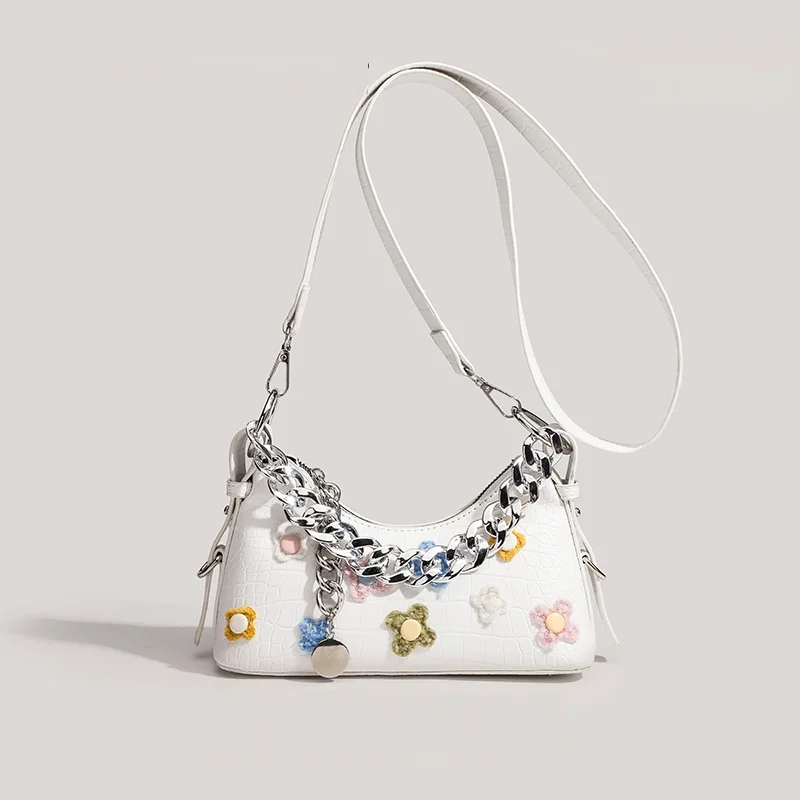 Stylish Black Textured Shoulder Bag Featuring Pastel Flower Accents and Bold Chain Detail Ideal for Dating Shopping Travel