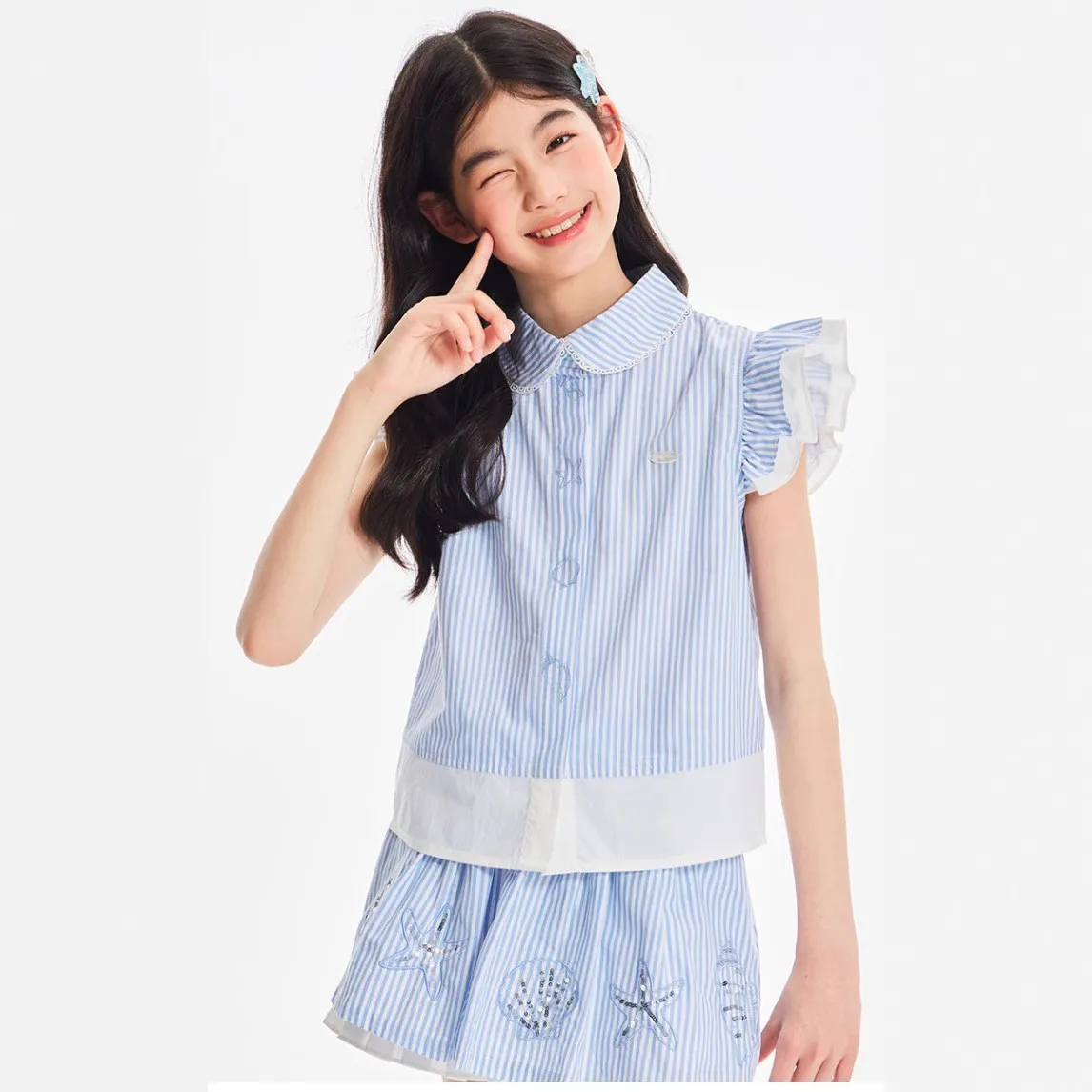 New Summer Children Casual Stripe Clothing Set for Tweens Girls Puff Sleeve Top and Bottom Clothes Set Kids Luxury Outfit 5-14 T
