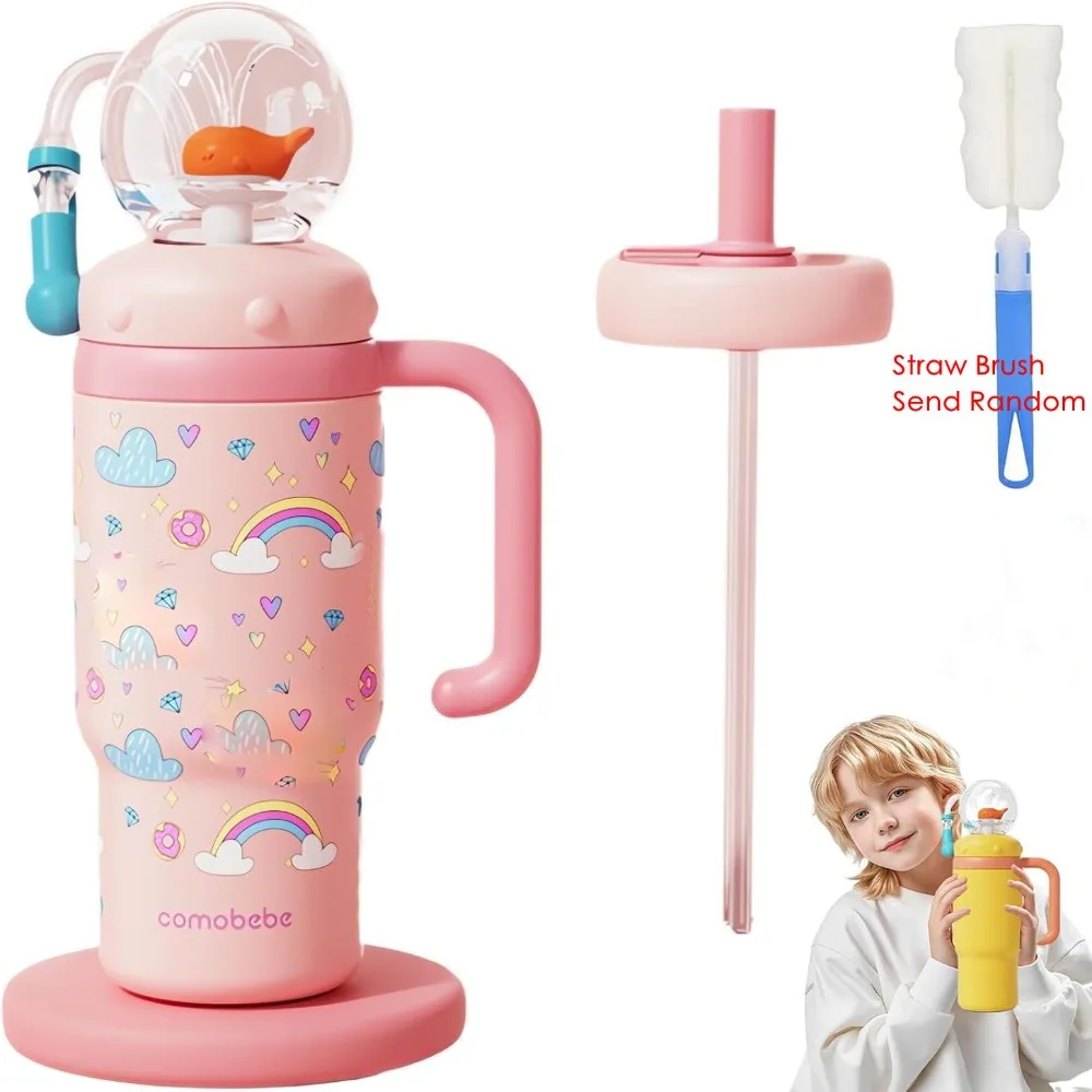 New Double Drinking Lid Whale Fountain Tumbler Widened Handle Leak Proof Insulated Water Bottle 710ml Drinking Cup
