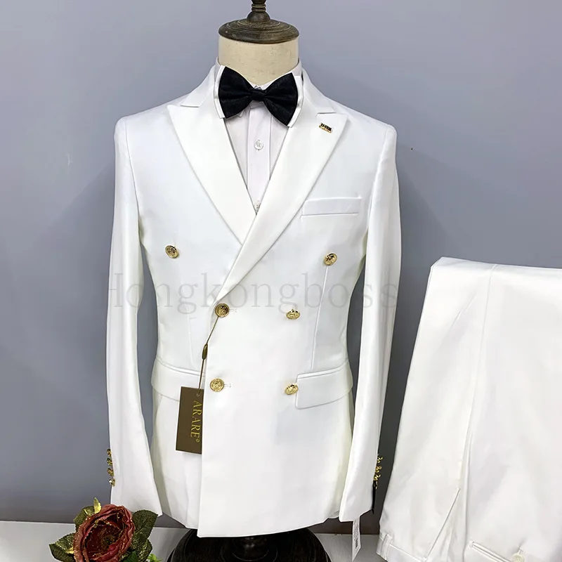 

2024 New Men's Suit 2 Pieces Double-Breasted Notch Lapel Flat Slim Fit Casual Tuxedos For Wedding(Blazer+Pants)