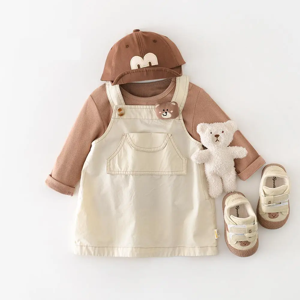2026 Spring New Baby Long Sleeve Clothes Set Girls Solid Bottoming Shirts + Cute Strap Dress 2pcs Suit Toddler Casual Outfits