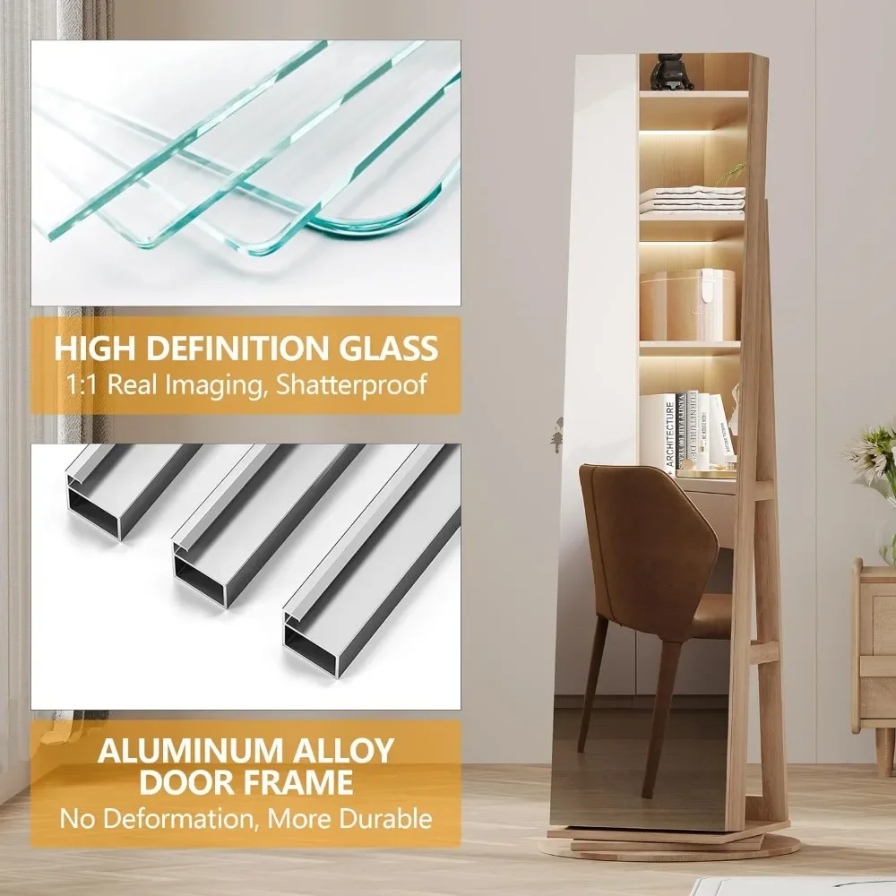 360 ° Swivel Jewelry Cabinet com Full Length Mirror, Lockable Mirror com Jewelry Storage Storage, Floor Standing, Rear Storage Prateleiras
