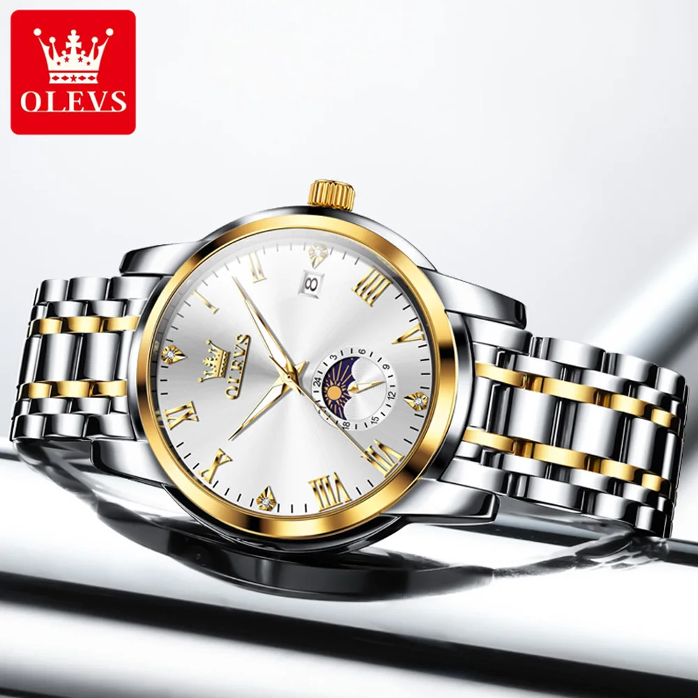 OLEVS 3656 Original Quartz Movement Business Men Watch Stainless Steel Moon Phase Window 30m Waterproof Luminous Function Watch