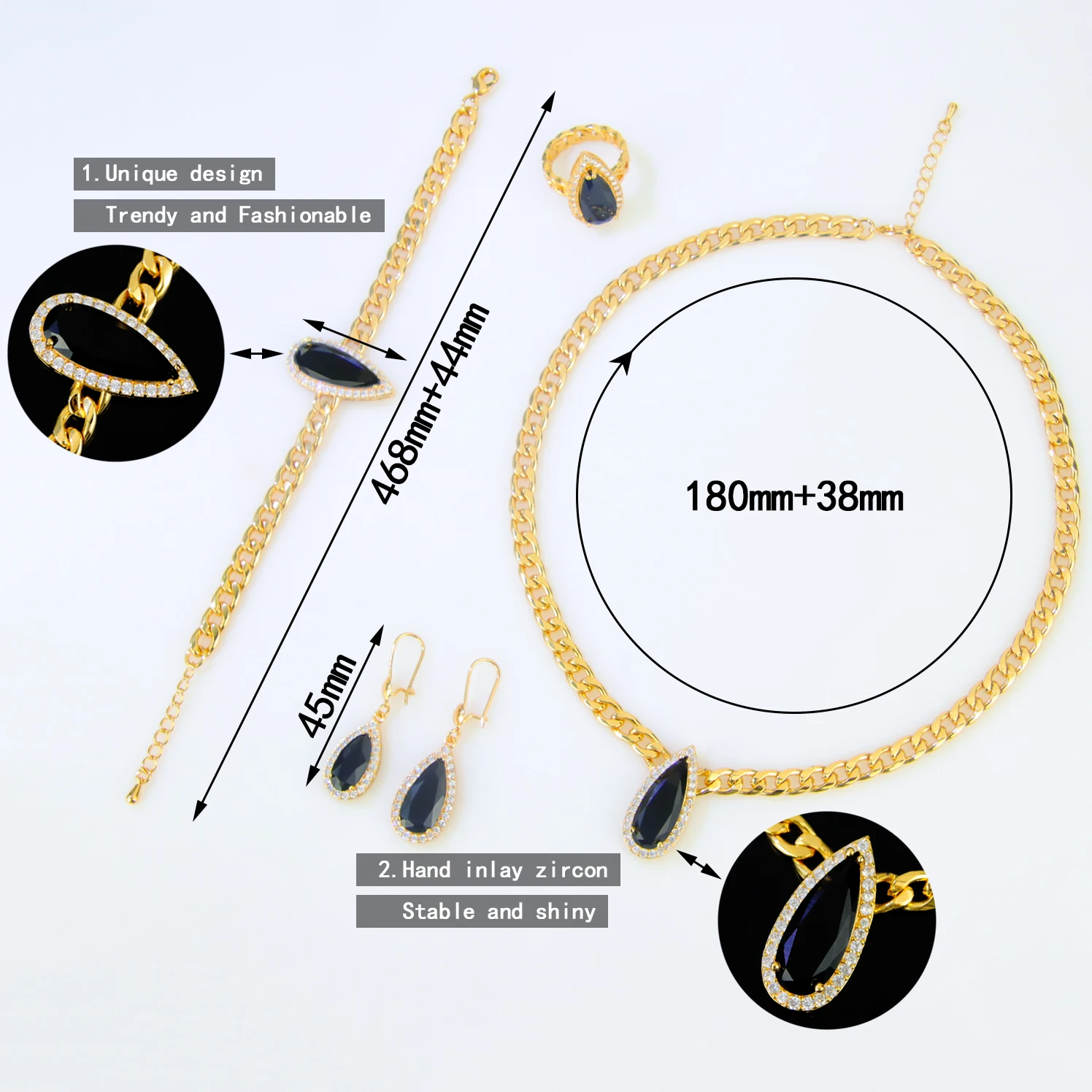 Luxuriöses brasilianisches Zirkonia-Schmuckset, 21 Karat vergoldet, bunter Wassertropfen-Anhänger, Halskette, Algerien, Damen-Hochzeitsschmuck – Detail 2