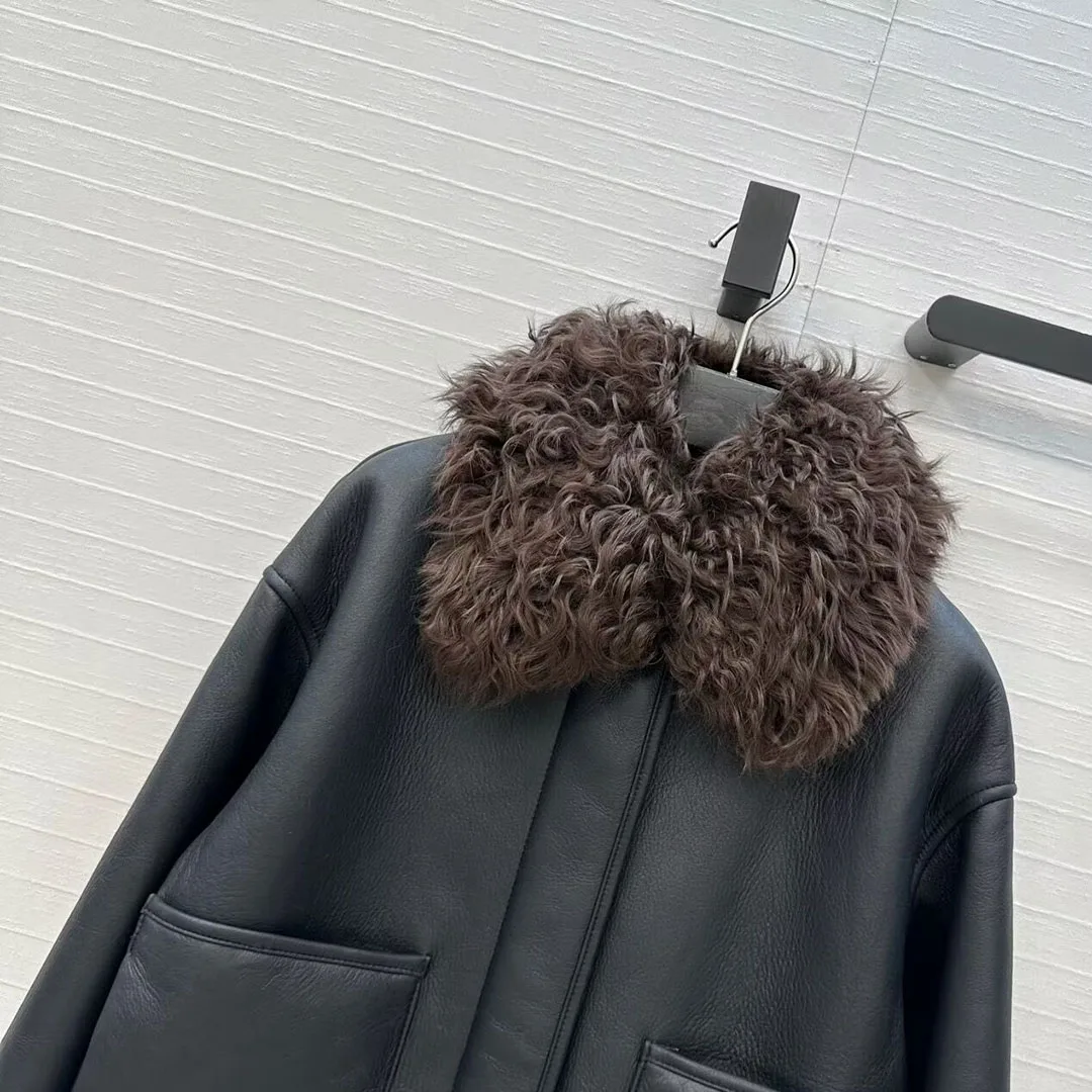 럭셔리 최고급 100% 천연 양가죽 모피 코트 여성용 울 라펠 패치워크 긴 소매 플리스 따뜻한 두꺼운 양면 모피 재킷