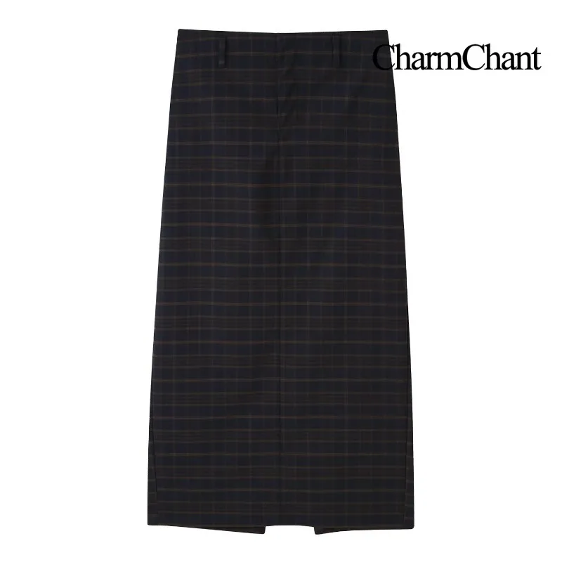 CHARMCHANT Women's Plaid Maxi Skirt High Waist Side Slit Belt Loops Pockets A-Line Vintage Casual Skirt Fashion New Fall 2026