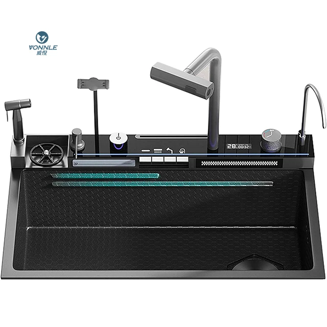 High Quality 2026 New Trends Handmade Smart Waterfall Multi-Functional Single Kitchen Sink Mobile Phone Holder Spray Gun Faucet