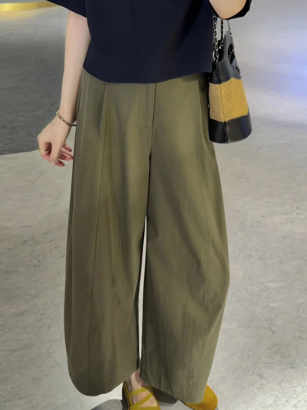 Military Green Wide Leg Pants Women's Summer New Style Nine Points Casual Thinming Trousers High Waist Korean Version