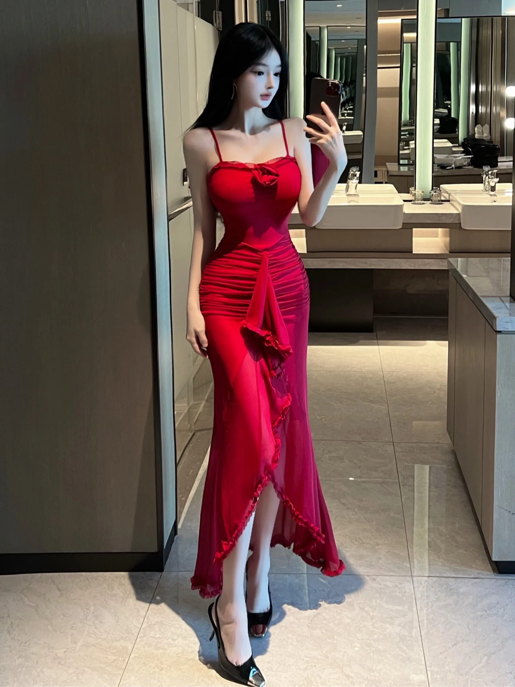 

Sexy Strap Red Long Skirt Women's Waist Cinched Asymmetrical Hemline Bouffant Skirt High Elastici Spring Summer Autumn Dr