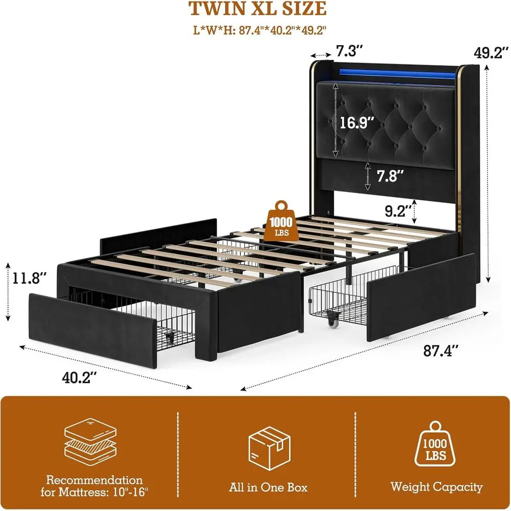 IKILY Upholstered Twin XL Bed es with Storage Ders, 49.2" Tall Velvet Platorm Bed with Wingback Storage board, LED Lights & Char view 2