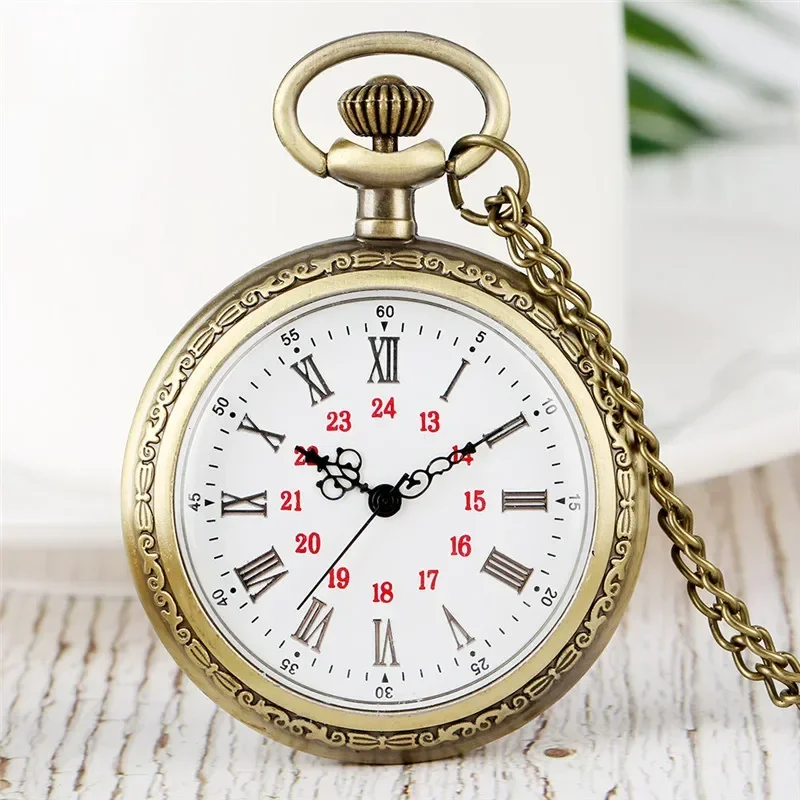 Bronze Style Clock Men Women Quartz Movement Pocket Watch with Roman Numeral Dial Necklace Pendant Chain Open Face Timepiece