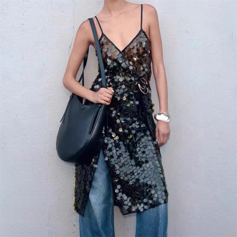 

Womens dresses New 2025 summer sequin blended suspender mini dress Sexy backless sleeveless short dresses y2k knee length dress