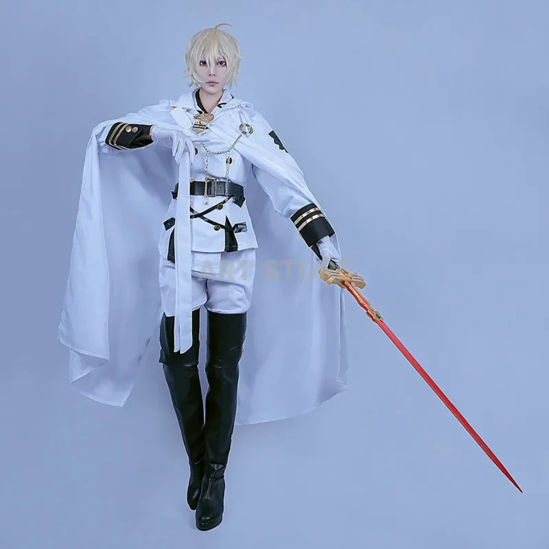 ميكايلا هياكويا تأثيري أنيمي ساروف من نهاية تأثيري حلي حفلة الهالوين عباءة بيضاء خندق معطف السراويل قفازات شعر مستعار JQ4767