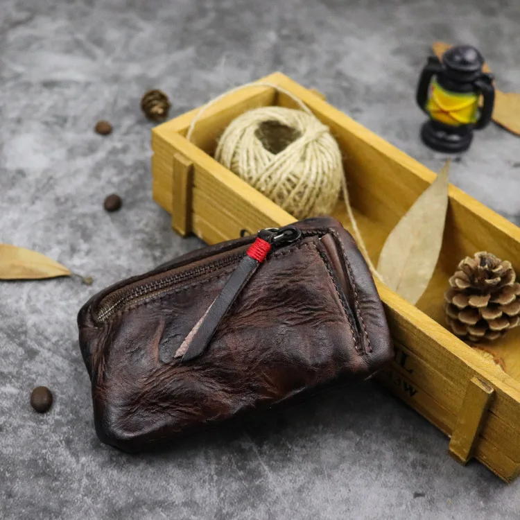 Hand-Stamped Color  Wallet Vegetable-Tanned Leather Ultra-Thin Zipper Retro Genuine Leather Coin Purse Simple Leather Clutch
