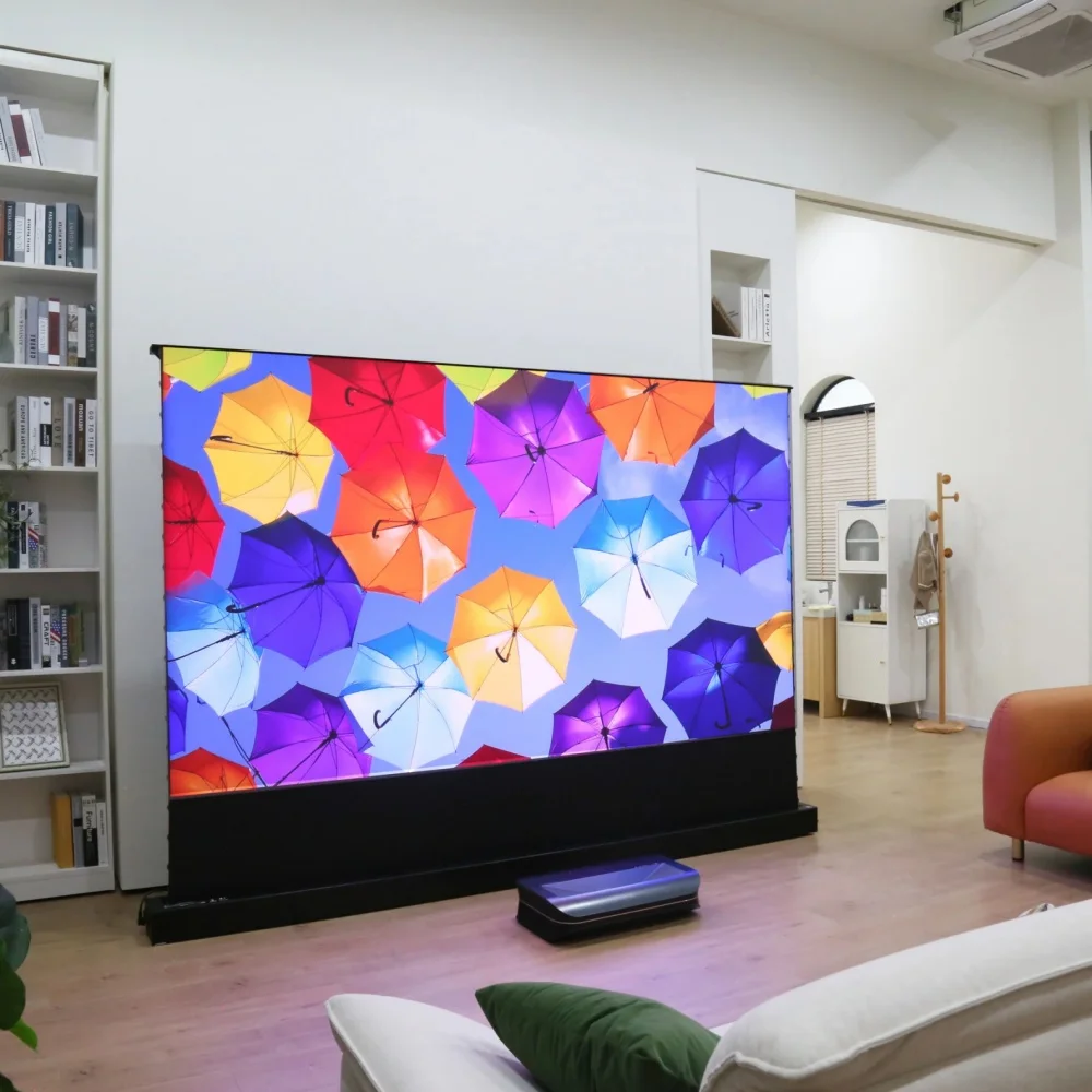 Motorized Floor Rising UST ALR Projector Screen with Sound-Transmitting Acoustically Transparent Black Bottom Border