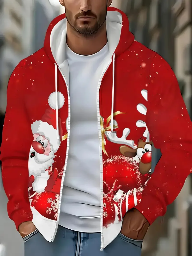 

Santa Claus and reindeer print men's long sleeved zipper hooded shirt spring and autumn comfortable outdoor leisure sportswear