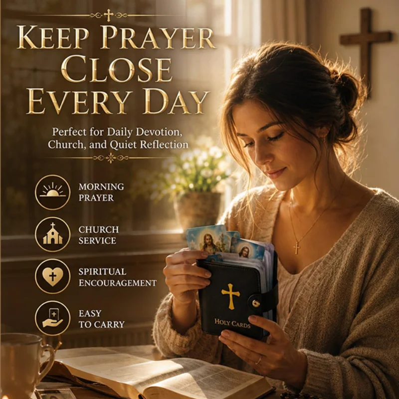 Catholic Genuine Leather Holy Card Holder – Pocket Prayer Card Organizer with Snap Closure Book Faux Case Album Carrying Worship