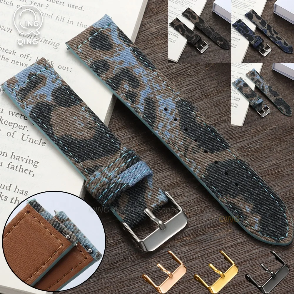 18mm 20mm 22mm for Omega for Seiko Denim Leopard Print Quick Release Strap Replacement Watchbands Accessories Universal Bracelet