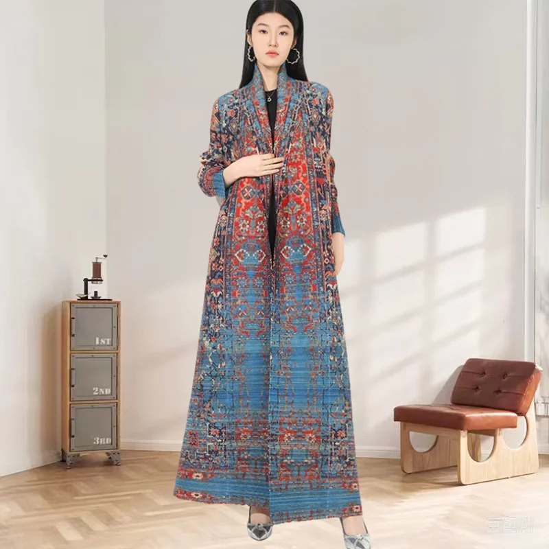 Abaya Miyake Pleated Fashion Printing Long Trench Coat Women 2025 Spring New Lapel Loose Big Yards Long-sleeved Stretch Robe