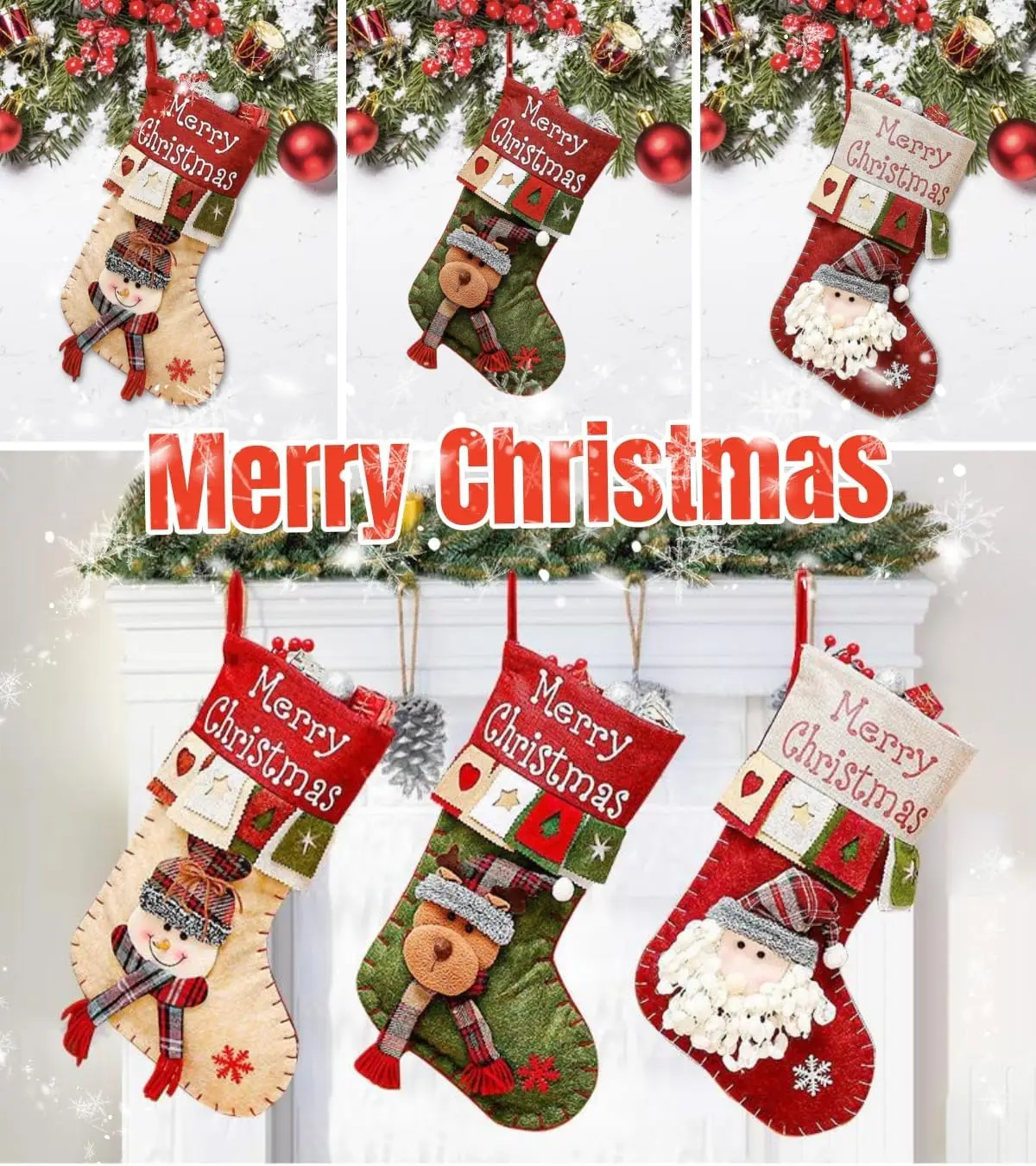 

E5 Retro Christmas 1pc Stockings,18" Santa, Snowman, Reindeer Candy Gift Bag, for Xmas Home Decor Hanging Ornament Decorations