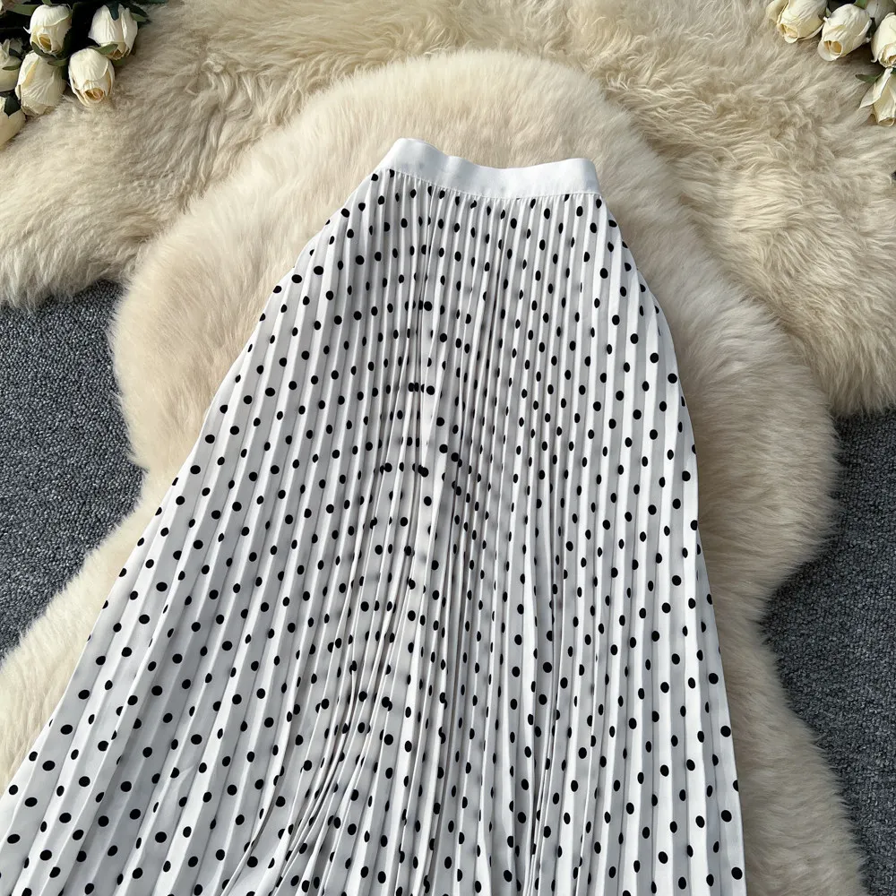 Korean Style Polka Dot Print Pleated A-line Long Skirts Women 2026 Spring Summer High Waist Casual Skirt