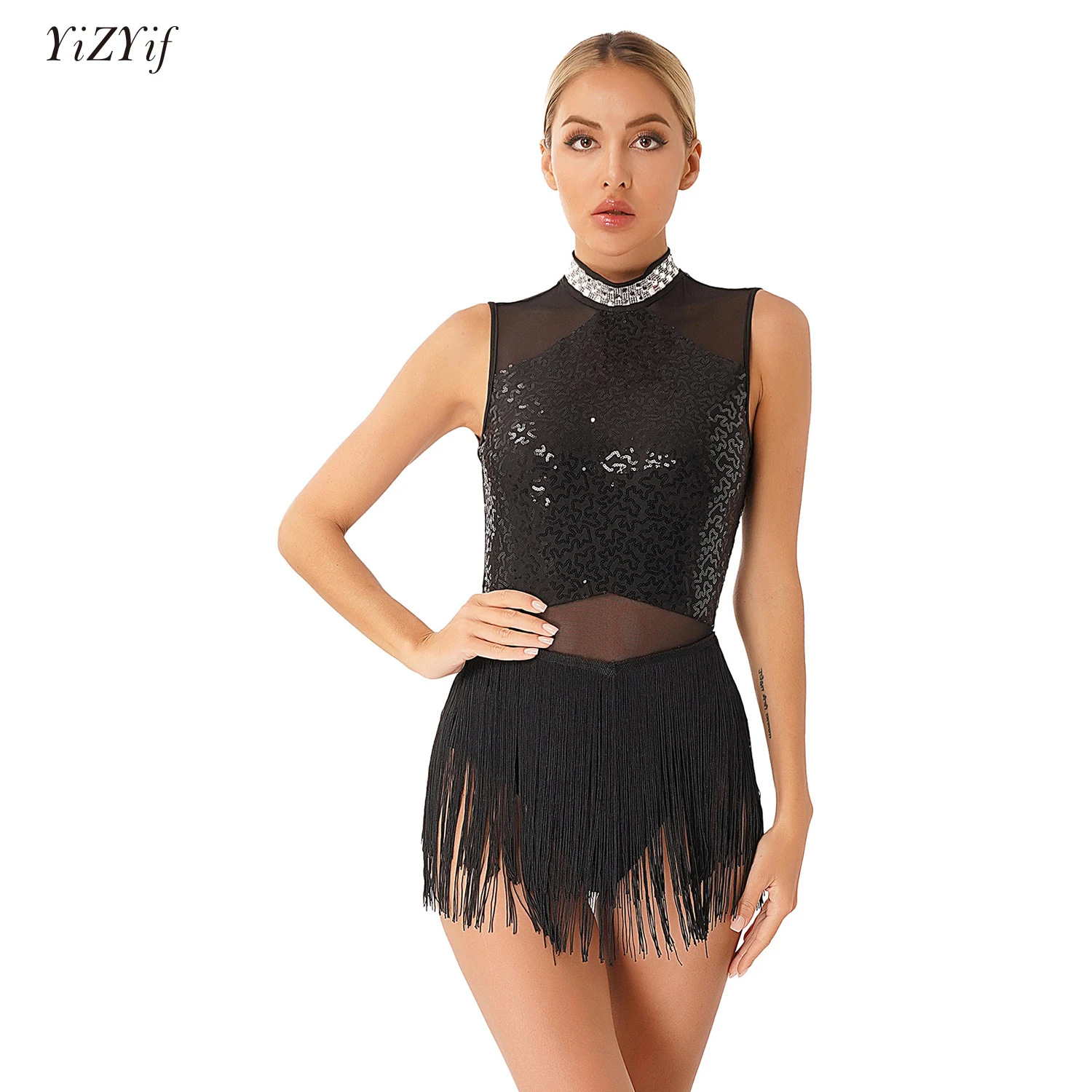 Rhinestone Latin Dance Leotard Dress Womens Fringed Jumpsuits for Jazz Salsa Tango Rumba Samba Competition Performance Costume