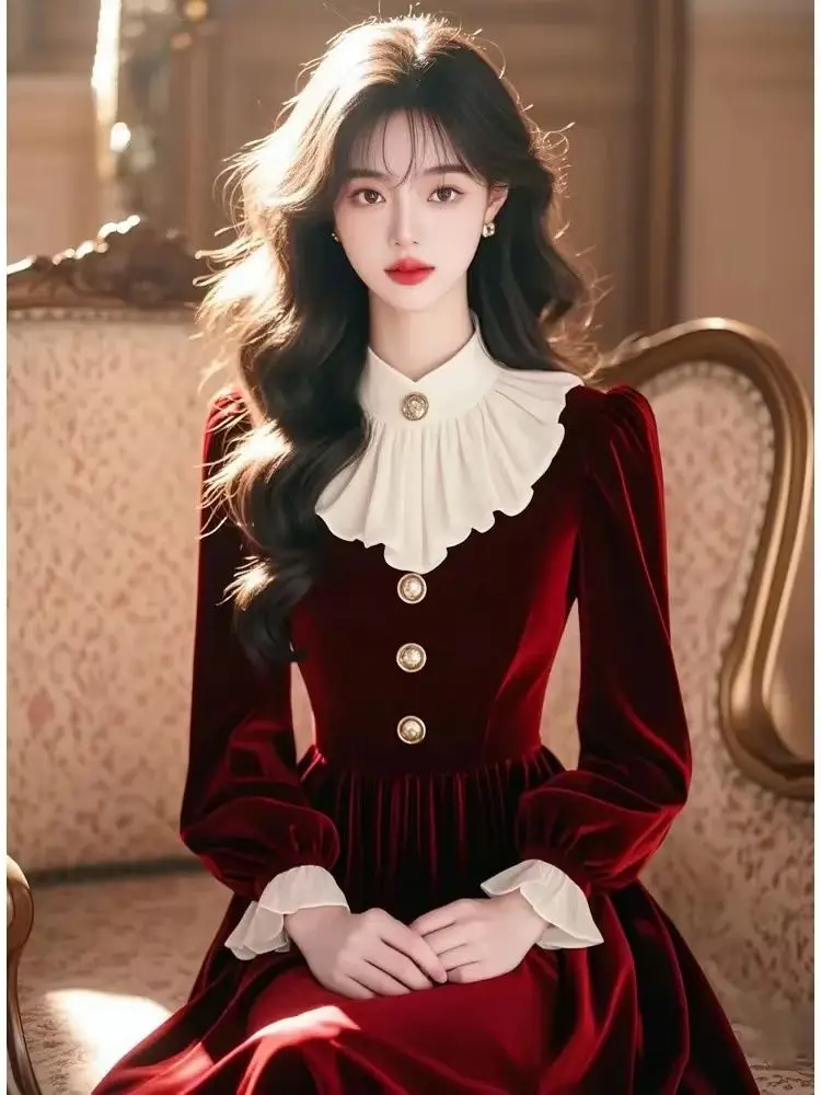 Gagarich Autumn Winter 2025 Wealthy Heiress Wear Dress Annual Meeting Long French Elegant Woman Red Velvet Vestifdos