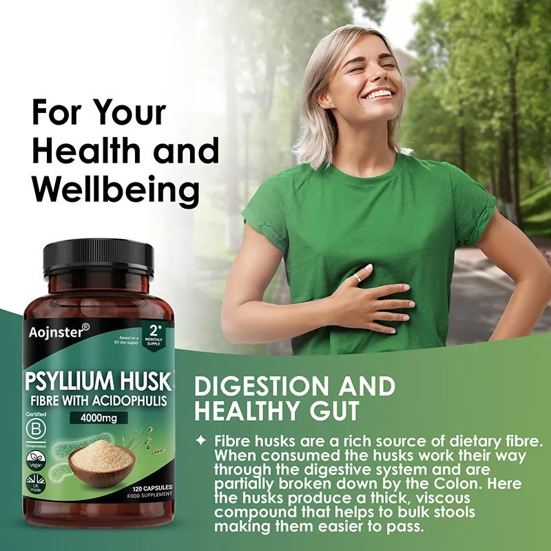 Aojnster Psyllium Husk Capsules 4000mg, Fibre with Acidophulis, Vegan Gut Wellness Support, 120 Capsules