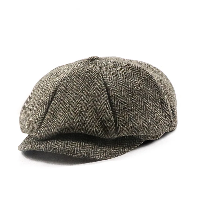 Vintage Newsboy Cap for Men Herringbone Eight Panel Flat Hat Warm Wool Blend Baker Boy Cap Autumn Winter British Retro Casual
