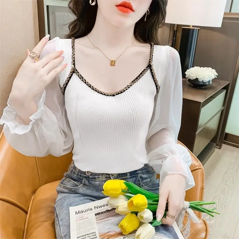 

Модный женский топ с квадратным вырезом и длинными рукавами, расшитый бисером, осенний свитер, тонкая рубашка, шифоновый свитер с рукавами