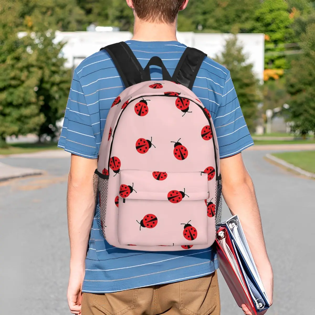 Cute Ladybug Pattern On Pink Background Backpack Student BookBag Men Women School Bag Computer Shoulder Bags