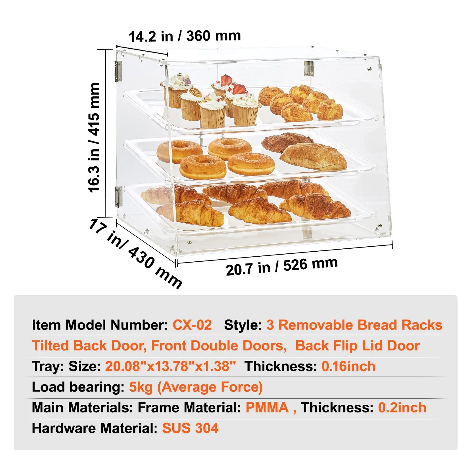 Pastry Display Case, 3-Tier Commercial Countertop Bakery Display Case, Acrylic Display Box with Rear Door Access & Removable Shelves, Keep Fresh for Donut Bagels Cake Cookie, 20.7