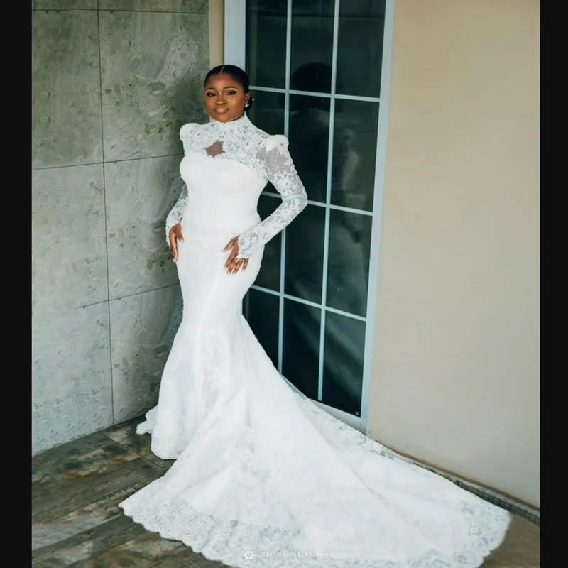 Customized High Neck African Lace Applique Vintage Garden Mermaid Wedding Dress  Long Sleeves Bridal Gowns with Removable Skirt