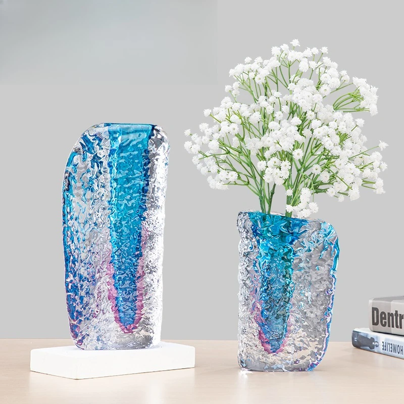 

Aoshi blue corrugated art glass vase creative entrance dining table vase ornament living room flower arran