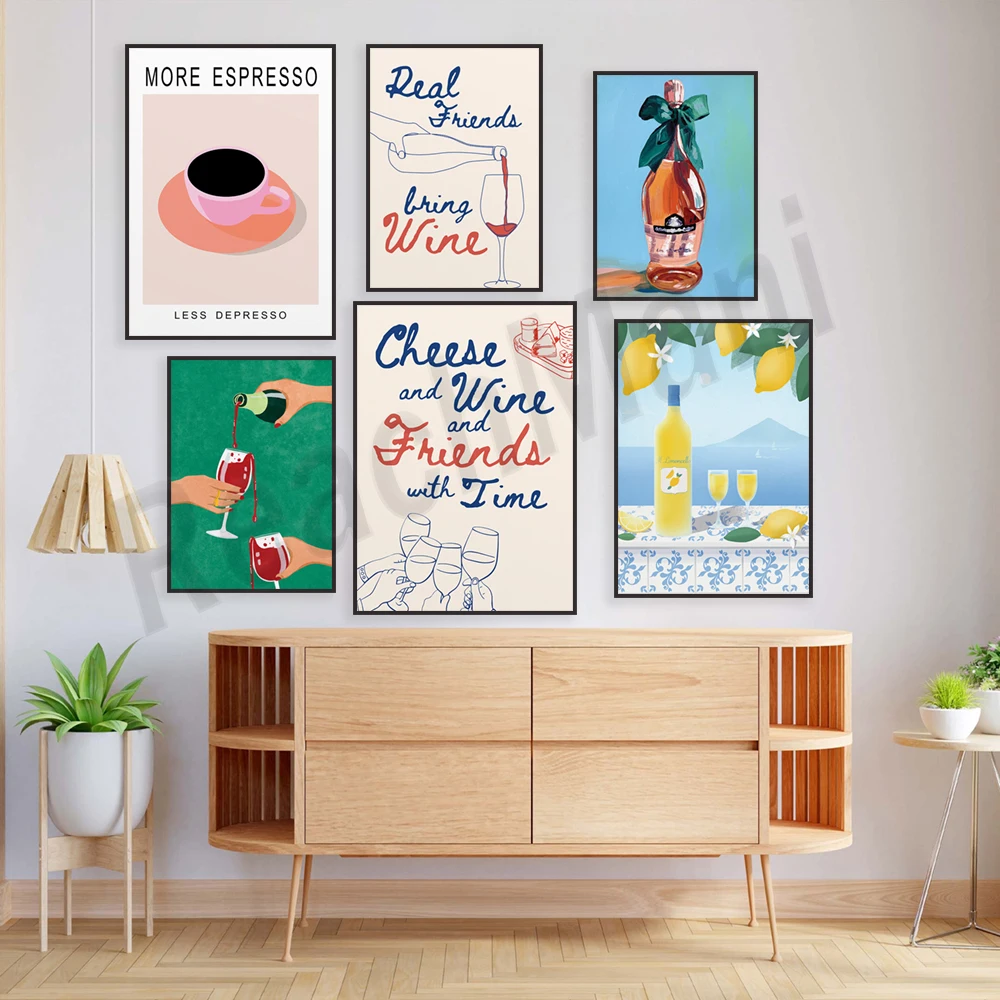 Limoncello, rosé, cheese and wine, cheers print, more espresso less espresso, coffee art kitchen wall decor poster