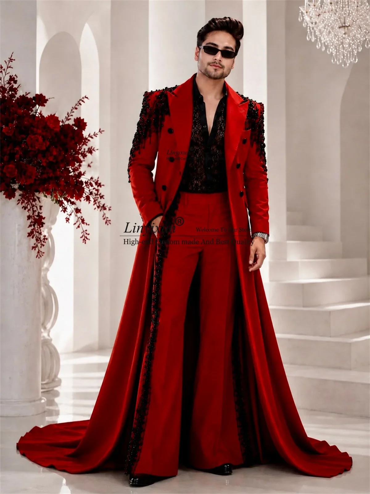 Glitter Diamond Men Suits Customized Long Coat Pants Design Groom Male Blazers 2 Pieces Sets Wedding Party Tuxedos ropa hombre