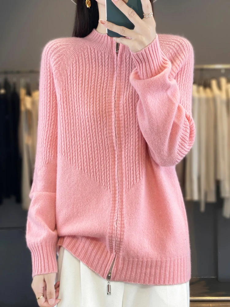 High Quality Women Zipper Overcoat Autumn Winter Mock Neck Striped Cardigan Casual Cashmere Knitwear 100% Merino Wool Sweater