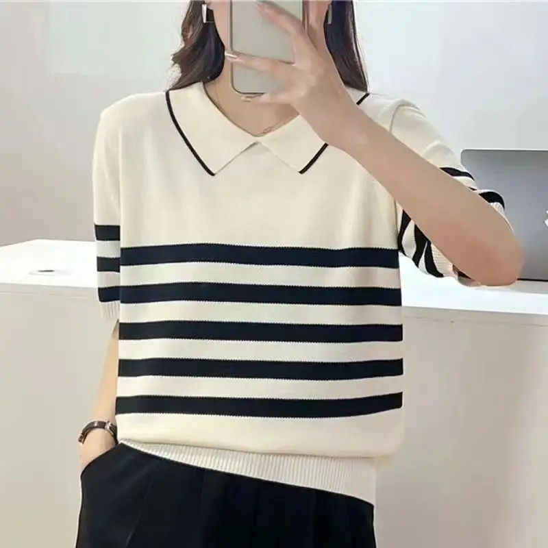 2024 New Korean Version Minimalist Commuting Lapel with Contrasting Stripes and Loose Oversized Casual Ice Silk Knit T-shirt