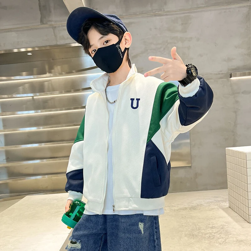 Spring&Autumn 2024 Boys' Fashion and Leisure Multi color Single breasted Letter U-shaped Long sleeves Baseball Suit Coat 3-10AGE