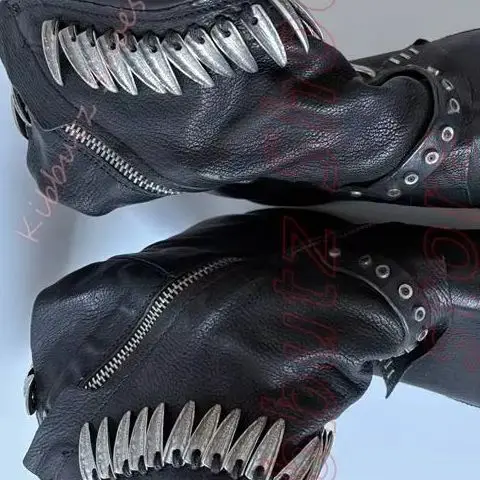 Metal Tooth Biker Ankle Boots Multi Strap Stud Accent Side Zip Low Block Heel Punk Rock Gothic Leather Fashion Elegant Concise